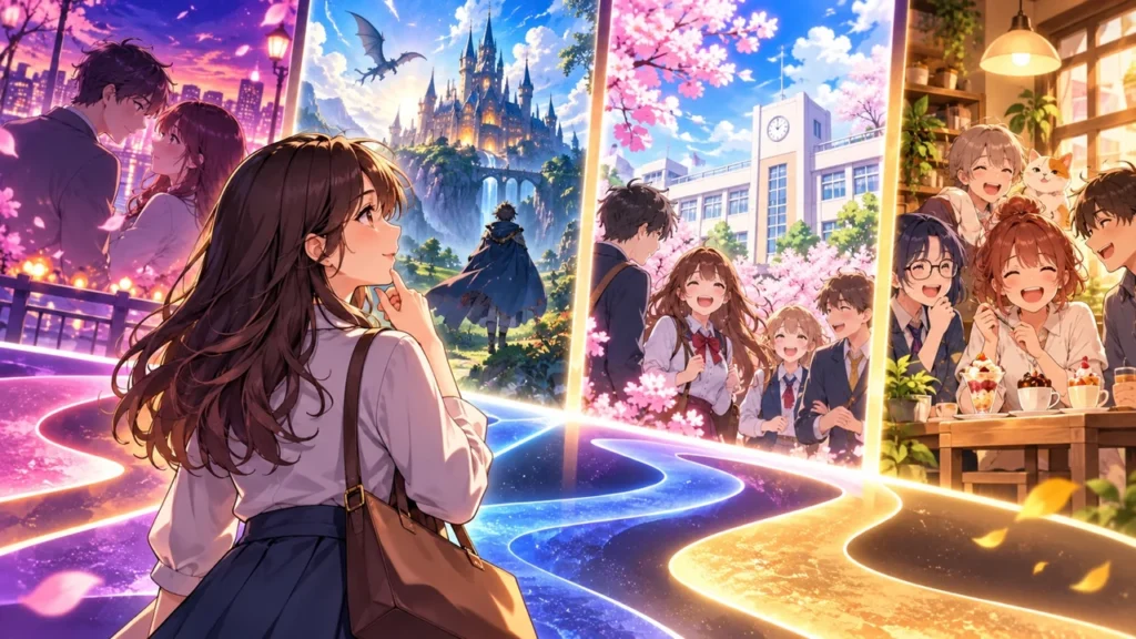 恋愛・ファンタジー・学園・日常の世界を眺める成人女性