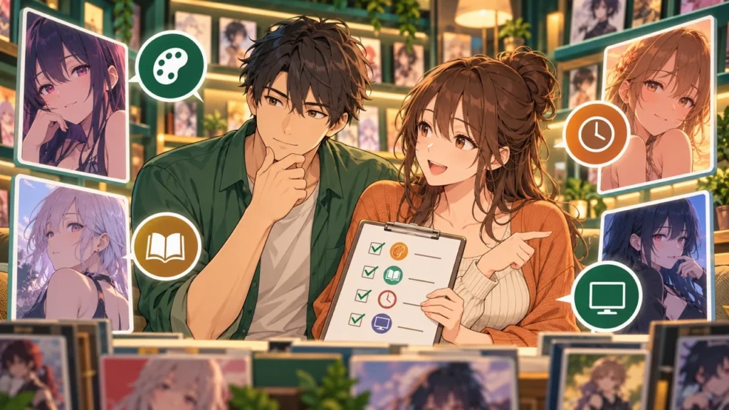 チェックリストを見ながらアニメ作品を比較する成人男女