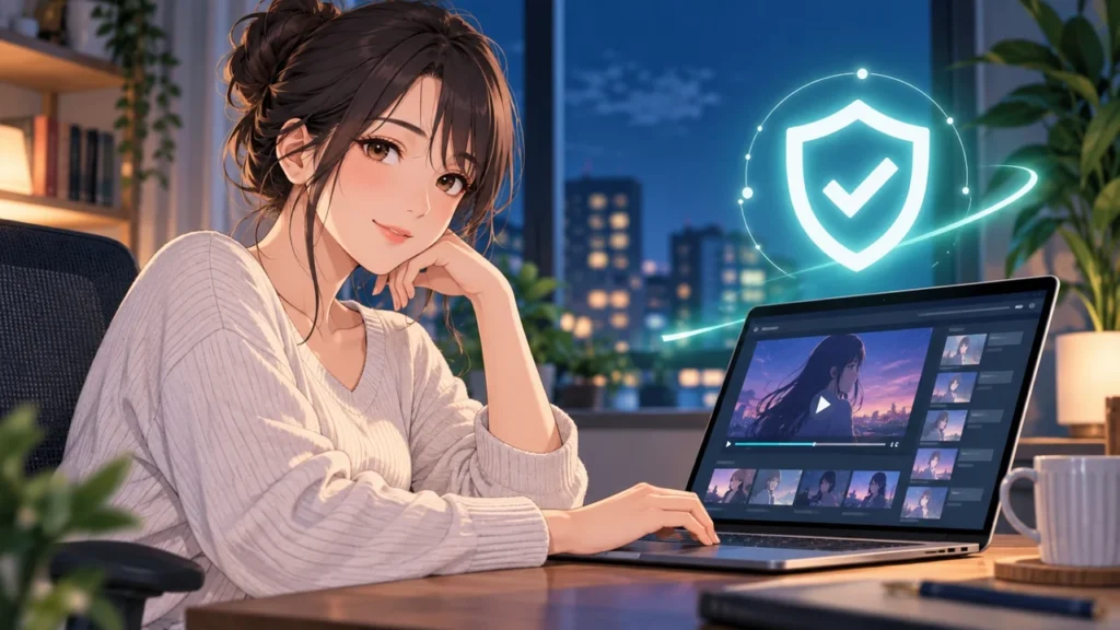アニメ作品が並ぶPC画面と安全性を示す盾マーク