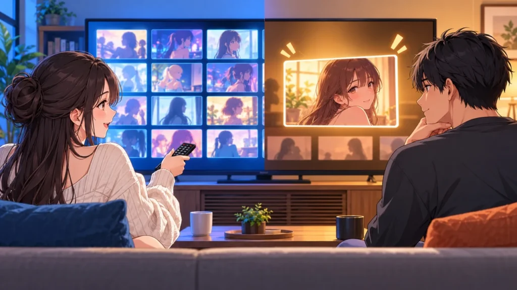 テレビ画面に並ぶ複数のアニメ作品と1作品を比較する成人男女