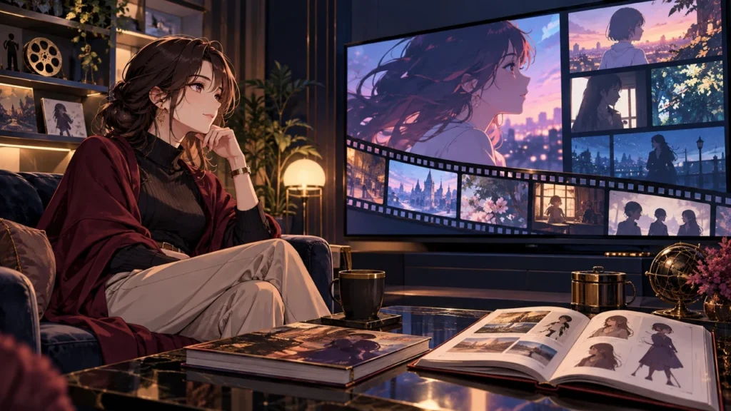 ソファに座り、大画面でアニメを視聴する成人女性
