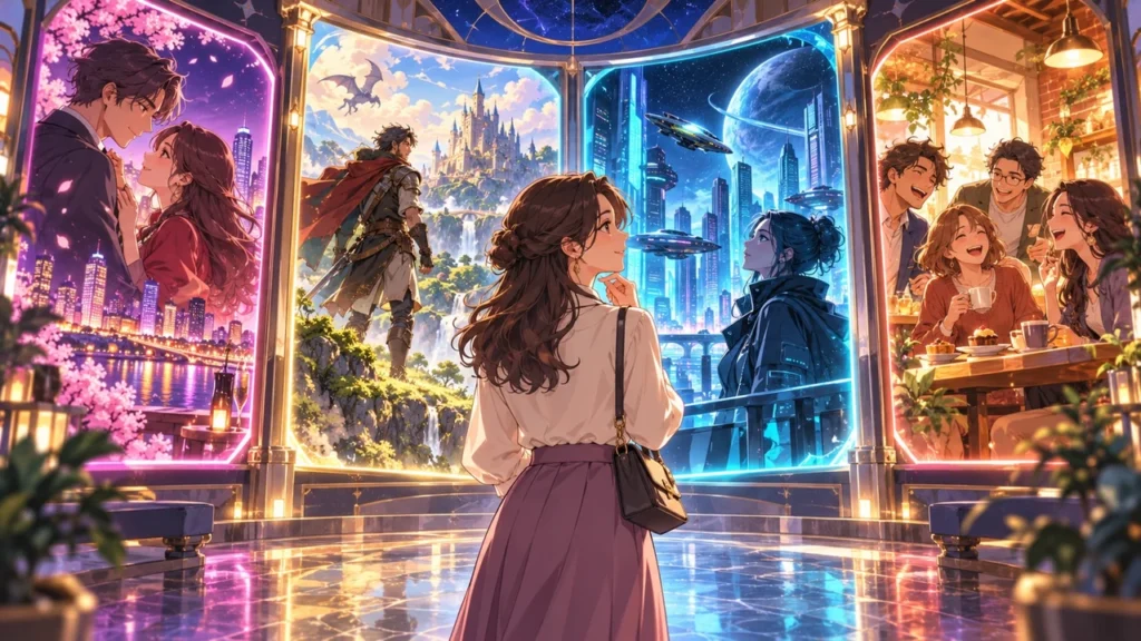 多彩なジャンルのアニメの世界を眺める成人女性